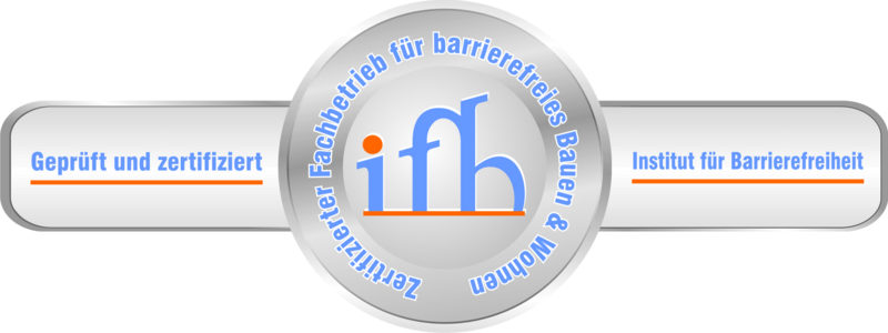 Kreisförmiges Logo mit „ifh“ in der Mitte. Ringsherum Text: „Zertifizierter Fachbetrieb für barrierefreies Bauen & Wohnen“ und „Geprüft und zertifiziert“ mit „Institut für Barrierefreiheit“ auf einem Band.